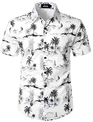 JOGAL - Camicia da uomo a maniche corte con motivo floreale, bottoni, in cotone, stile hawaiano, bianco/grigio, S