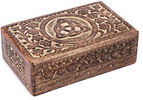Ajuny Scatola Portagioie Decorativa in Legno Intagliata a Mano con Intagli a Nodo della Trinità Vintage Organizer da Viaggio Portaoggetti 8x5 Pollici