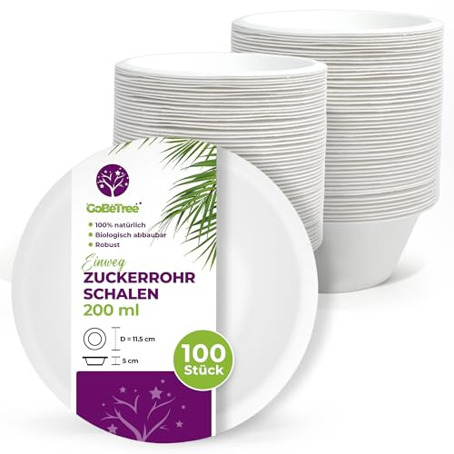 GoBeTree 100 Cuencos Desechables de Caña de Azúcar 200 ml. Boles Blancos para Salsas, Dips y Aperitivos, Aptos Microondas y Congelador, Antideslizantes y Apilables