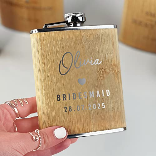 eBuyGB Personalised Wooden 6oz Hip Flask, Laser Engraved Wedding Gift for Bridesmaids, Maid of Honour, Mother of the Bride/Groom, Hen Party