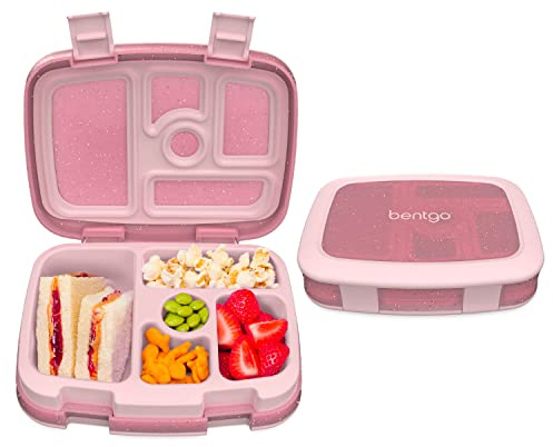 Bentgo Kids 5-Compartment Lunch Box - Glitter Design for School, Ideal for Ages 3-7, Leak-Proof, Drop-Proof, Dishwasher Safe, & Made with PFAS & BPA-Free Materials (Glitter Edition - Petal Pink)