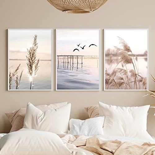 Sarah Duke 3er Poster Strand Set Modern Pampasgras Wandbilder Sonnenuntergang OHNE Rahmen Boho Bild für Schlafzimmer Wohnzimmer Wanddeko (Stil B,40x50cm)