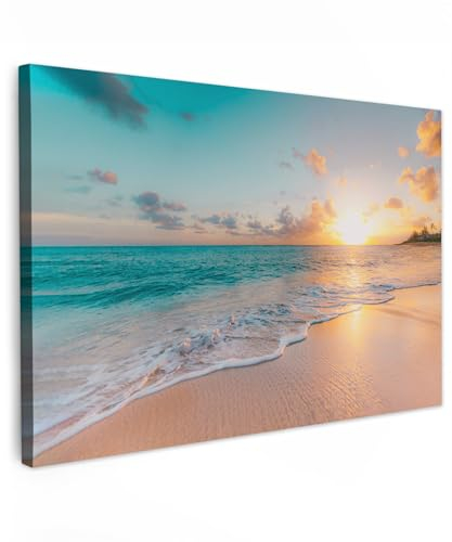 MuchoWow© Leinwandbild Groß 120x80 cm XXL Dekoration Wohnzimmer Bilder Aufhängen Wall Decoration Living Room Wohnungs Deko Moderne Sonnenuntergang - Strand und Meer - Sommer - Wolken - Blau