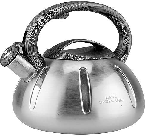 KARL HAUSMANN Wasserkessel Induktion (3L) mit Pfeife, Silber | Edelstahl Teekessel für Gasherd und Glaskeramik, abnehmbarer Deckel, Flötenkessel mit wärmeisolierendem Griff
