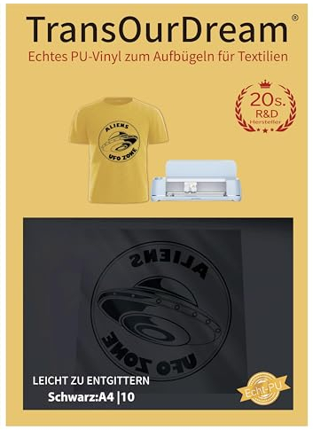 TransOurDream Plotterfolie Textil,Echt PU (DIN A4X10 Blatt) Flexfolie Plotter Textil, Bügelfolie für Textilien Transferfolie zum Aufbügeln für DIY T-Shirt, Folie für Schneiderplotter, Matt Schwarz