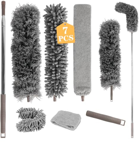 7 Stücke Staubwedel waschbares Staubwedel Teleskop - Staubwedel Lang Ausziehbar, Spinnwebenentferner, mit Teleskopstiel bis zu 250 cm ausziehbar, Für hohe Decken, Deckenventilatoren, Spinnweben