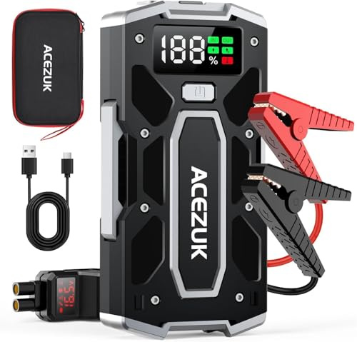 ACEZUK Booster Batterie Voiture 9000A, Démarreur de Batterie de Voiture Portable(Jusqu'à 8.0L Diesel ou 10.0L Gaz), 12V Jump Starter, Pinces Intelligentes avec Écran, Lumière LED, Port de QC3.0