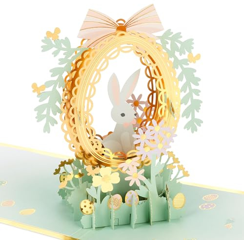 Hallmark Easter Card, Pop Up Card, 3D Easter Egg and Rabbit Design, Die cut Details, Gold, White