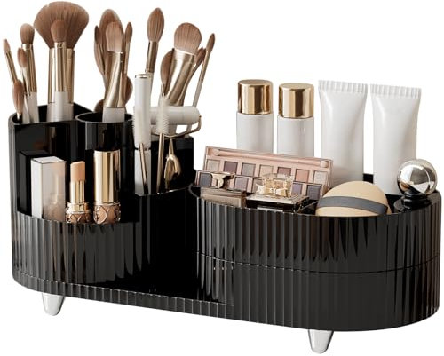 Cinnani Kosmetik Make Up Organizer, 360°Drehbarer Pinsel Organizer, Kosmetikregal Kosmetik Organizers für Zimmer Decor Frisiertisch, Schlafzimmer, Badezimmer- Schwarz