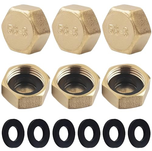 6PCS 1/2 Inch Brass Radiator Valve Caps (Female Thread) - Radiator Valve & Pipe End Caps with 6 Sealing Washers for Washing Machine Hoses, Decorative Pipe Isolation & Plumbing Protection