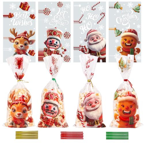 DERAYEE Cellophantüten, 120pc Weinachten Cellophantüten, Süßigkeiten Tüten mit 180 Stücke Twist Krawatten,Weihnachten Süßigkeiten Tüten