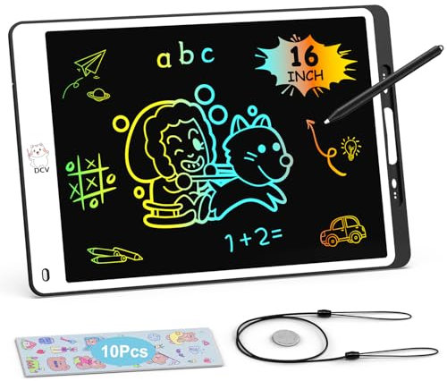 DCV 16 Inch LCD Drawing Tablet, Colorful Writing Board with Cartoon Stickers, Erasable Reusable Drawing Board with Lock Function,Doodle Pad Educational Toys for Kids Age 2-9 Year Old Girls Boys-Black
