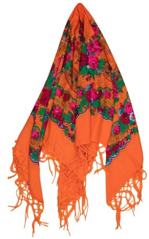Écharpe folklorique avec motifs folkloriques polonais traditionnels, tour de cou, bandeau, franges, souvenir de Pologne, Orange, Big (110 x 110 cm)