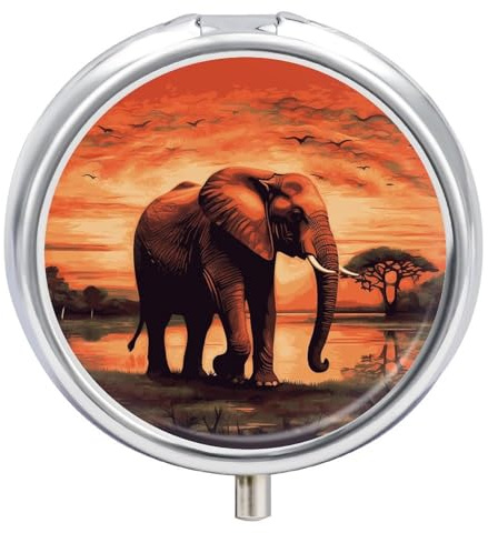 Tragbare Pillendose mit Spiegel, Sonnenuntergang Elefant bedruckt, 3 Fächer, kleiner Pillen-Organizer, leichte Reise-Pillendose für Damen und Herren, kreative Geschenke
