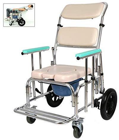 Adjustable Backrest Professional Reclining Shower Toilet Chair with Wheels - Commode Mobile Chair with Armrests and Commode Opening