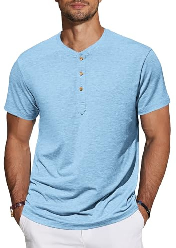 TARAINYA Henley T-Shirt Uomo Cotone Maniche Corte Maglietta Casual Comfortevole con Bottone Quotidiano/Ufficio/Spiaggia Azzurro L