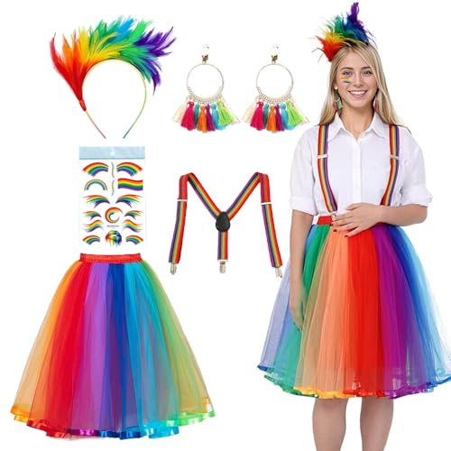 Anyingkai Jupes en Tulle Arc-en-Ciel,Jupe en Tulle Femme,Jupe Tutu Femme,avec Bandeau à Plumes Colorées,Sangle,Autocollant arc-en-ciel,boucles d'oreilles,pour Festivals,Fêtes,Carnavals,Halloween
