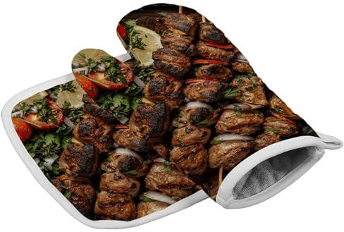 Kebab sur une assiette en bois - Gants de cuisine et maniques résistants à la chaleur - Maniques isolantes avec boucle de suspension - Gants de cuisine antidérapants pour la cuisson au four