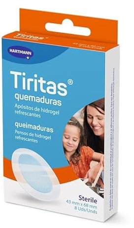 Tiritas Quemaduras – Apósitos de Hidrogel Refrescantes con 60 % de Agua – Alivio Inmediato y Curación de Lesiones Leves – Estériles, con Film Transparente – 8 Unidades (43×68 mm)