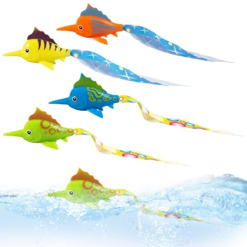 EOYVAIL Giochi da immersione sott'acqua,Set di 4 giocattoli da piscina per bambini a forma di pesce con bandiera e immersioni in acqua