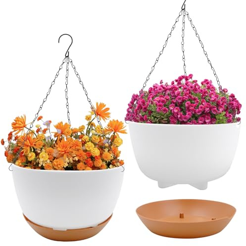 Fahibin Rotonda Vasi Sospeso per Piante, 21cm Vaso da Appendere Esterno, Fori di Drenaggio e Sottovaso Rimovibile con catena per Verande, Giardini e Balconi