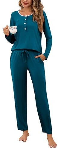 Aseniza pyjamas dam lång bomull pyjamas-set vinter långärmad pyjamas för dam hemmadräkt tvådelat nattklädesset med spets vardagskläder S–XXL