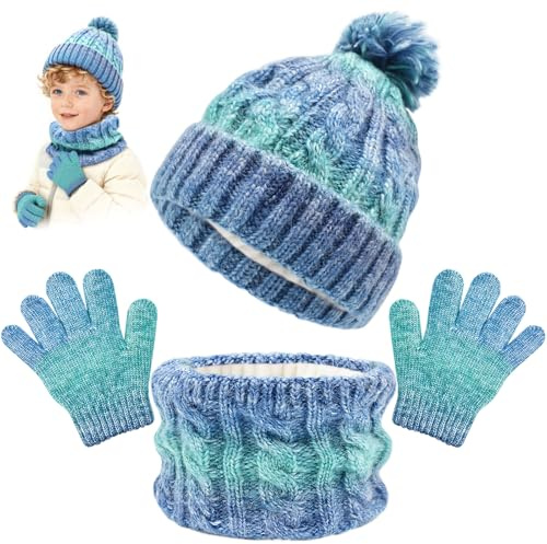 Cyiecw Conjunto Gorro Bufanda y Guantes de Invierno para Niños, Gorro Grueso de Punto Térmico y Cuello Tubular para Niños, Guantes Cálidos para Niñas de 3 a 8 Años