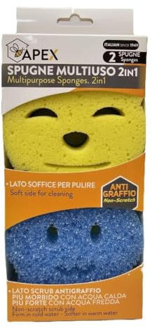 Apex Esponjas Multiuso 2 en 1, Estropajos Doble Cara con Lado Suave y Antirayaduras, Amarillo y Azul, Pack de 2 Unidades