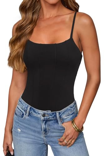REORIA Women's Square Neck Corset Bodysuit Adjustable Strap Sleeveless Backless Top Date Night Outfits Black Medium