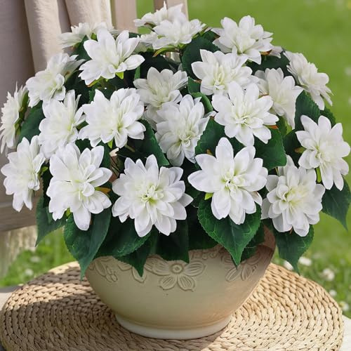 VIERENA 8 Bundles Artificial Dahlia Flowers for Outdoors Spring Summer Decor, No Fade Silk Flower Faux Dahlias Plant Arrangement for Home Garden Balcony Farmhouse（White）