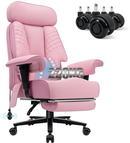 HOFFREE Großer und hoher Bürostuhl Ergonomisch Chefsessel 220kg mit Fußstütze und Verstellbare Lendenwirbelstütze,Kopfstützenhöhe Verstellbar,T-förmige Armlehnen,PU Leder Stuhl,Rosa