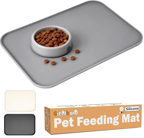 Greatbond Napfunterlage Hund für Hunde Katze,1,2cm Hohe Ränder Futtermatte, BPA-Freie wasserdichte Silikon-Platzierung Unterlage katzennapf mit Antirutsch-Noppen,Napfunterlage Katzen,55x38 cm, Grau