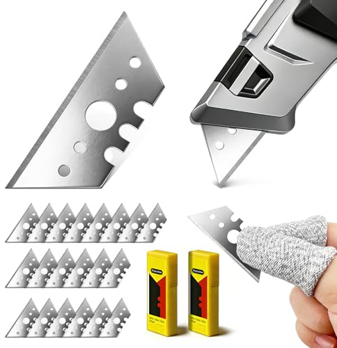 Lame de Cutter Trapezoïdales 52mm - Pack de 20 Universal Lame Cutter Trapeze pour Rechange Art Couteau, Idéal pour Découpe de Tapis, Carton et Matériaux Divers avec 2 Doigtiers Résistants aux Coupures