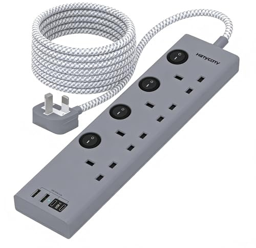 Gray Extension Lead 1.8M, 4 Way Power Strip with 4 USB Slots (2 USB C) | Individually Switched Plug Extension, Wall Mountable Desk Outlet, 6ft Braided Cable for Bedroom, Office & Gaming