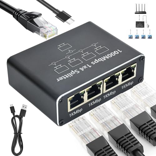 Netzwerk Ethernet Splitter,LAN Verteiler 1000mbps,LAN Switch 4 Port,Mit Datenkabel,Geeignet Für Computer,Switches,Router,Set-Top-Boxen,Adsl,Digitalfernsehen Usw