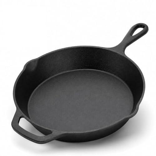 Ptsuker 30cm / 12 Inch Cast Iron Skillet, Pre-Seasoned Cast Iron Frying Pan, Heavy Duty Oven Safe Pan for Induction, Gas, Electric Hob, Grill, BBQ & Camping, Steak, Eggs, Pancakes, One-Pan Meals