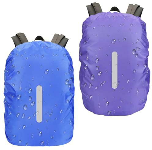 WUMZIRA 2 Pezzi Coprizaino Antipioggia Impermeabile per Zaino 40-50L, Copri Zaino per Pioggia con Strisce Riflettenti, Copertura Zaino Impermeabile per Trekking, Escursionismo, Campeggio, Blu e Viola