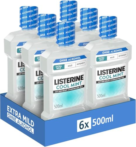 Listerine Cool Mint Extra Mild Mundspülung, Alkoholfrei, 6 x 500 ml | antibakterielles Mundwasser mit ätherischen Ölen, extra milder Minzgeschmack, ohne Alkohol, zur täglichen Mundpflege