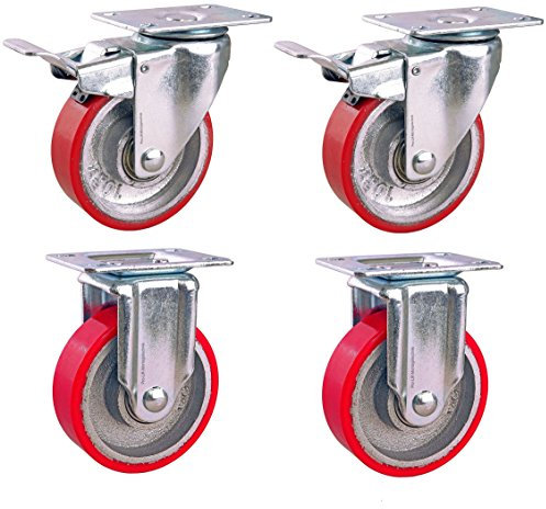 4 Stück: je 105 kg Schwerlastrollen: 2 gebremste Lenk + 2 Bock, Ø 100 mm, PU-Rollenbelag, M, 01895