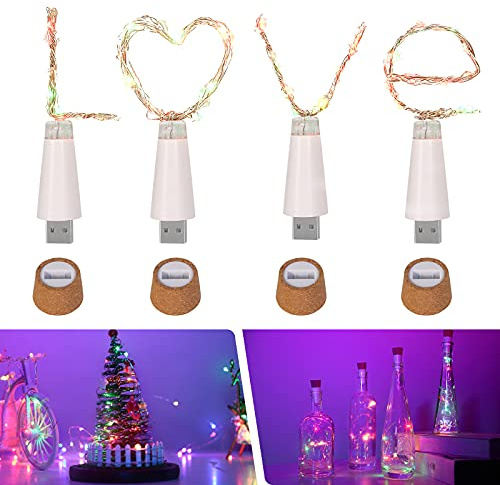 UMIWE LED Flaschenlichter mit Korken, USB Wiederaufladbare Wasserdichte Korkenlichter für Weinflaschen, 1.5m/5ft 15 LED Lichterkette für DIY Weihnachten Halloween Partys Hochzeit Geburtstag 4 Stuck