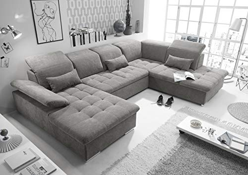 Stella Trading WAYNE Wohnlandschaft in U-Form, Stoffbezug Schlamm - Ausziehbares Sofa mit Schlaffunktion & Bettkasten - 340 x 81 (104) x 188 (240) cm (B/H/T)