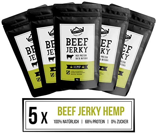 Craftsman Beef Jerky Hemp | Trockenfleisch ohne Zucker Spar-Set 5 x 50g | 100 % natürlich, Weiderind, Rindfleisch aus Bayern, zuckerfrei, 68 % High Protein Snack, Dörrfleisch mit Hanfsamen
