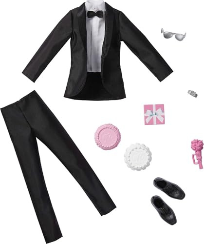 Mattel - Barbie Ken Fashion 2-Pack, Groom Outfit for Ken Doll with Tuxedo, Shoes, Watch, Gift, Wedding Cake with Tray & Bouquet