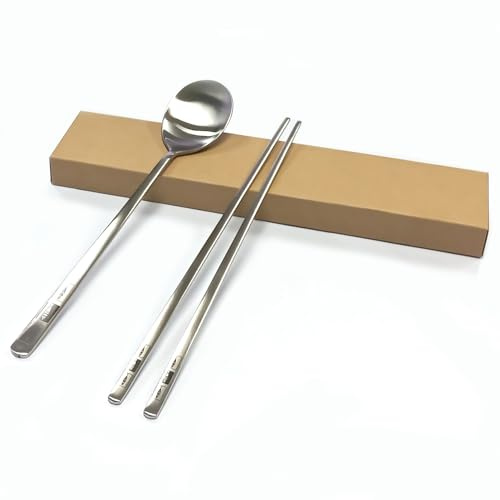 SUPIA Korean Traditional Cutlery Stainless Steel Spoons and Chopsticks Set Tableware with Long-hand, Reusable (Silver Fish)