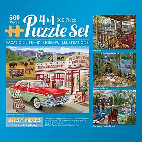 Bits and Pieces - Multipack 4-in-1 Puzzle Set 500 Piece Jigsaw Puzzles for Adults - Each Puzzle Measures 46cm x 61cm- Country Travel Lake Cabin Vacation Jigsaws by Artist Bigelow Illustrations