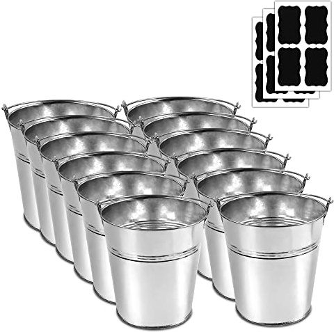 Small Tin Buckets, Galvanized Pail for Wedding, Party and Big Events, 12 Metal Buckets with Chalkboard Stickers, 5 Inch Garden Planters, (12 Tong)
