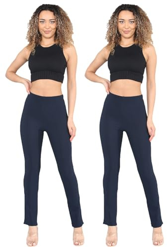 Cotton Works Pack of 2 Womens Bootleg Trousers Ladies Stretch Ribbed Bootcut Elasticated Waist Pants Work Wear Pull On Bottoms Colour Balck, Grey, Navy Blue Plus Big Sizes 8-26 (Navy, 14/29)