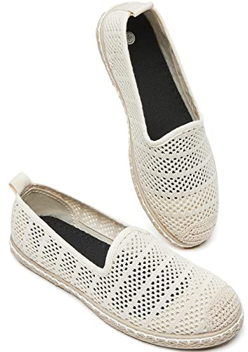 BABUDOG Women's Breathable Mesh Flats Shoes, Soft Loafers Flats, White Slip on Shoes Loafers(Beige.US11)