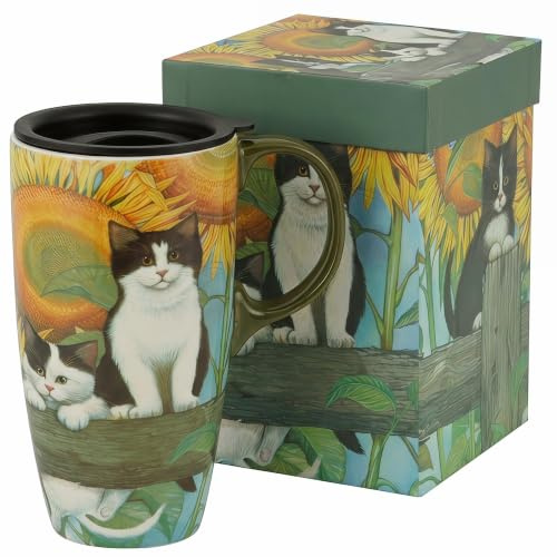 Topadorn 17oz Cat Ceramic Travel Coffee Mug with Lid | Microwave & Dishwasher Safe, Cup Holder Friendly, Large Coffee Tea Cup with Handle, Commute Office Home Use, Gift-Ready Box