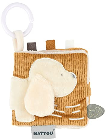 Nattou Kinder-Spielbuch aus Baumwolle und Polyester, Hund Charlie, Mit tollen Aktivitäten, Ca. 12 x 12 cm, Vegan, Baumwolle/Polyester, Braun
